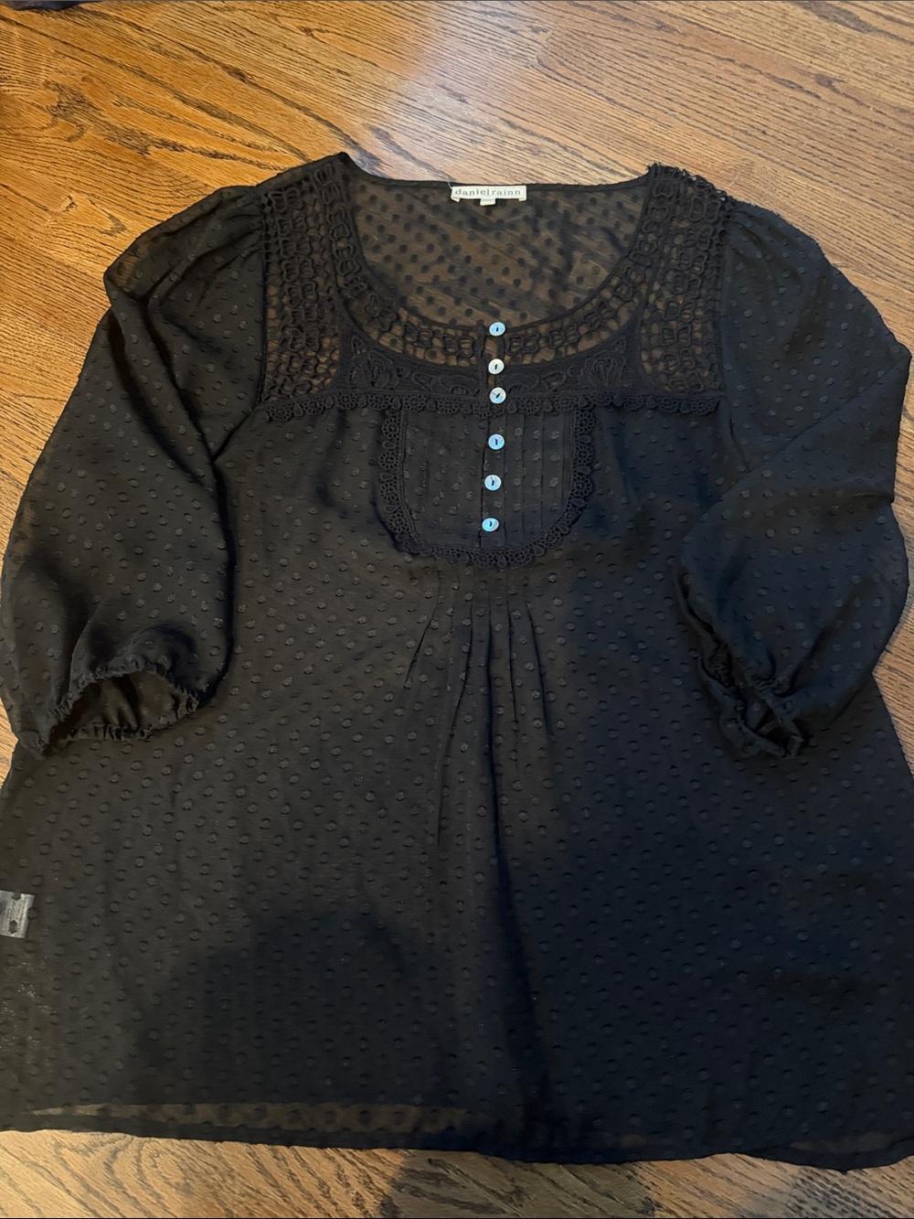 Daniel Rainn Black Swiss Dot Lace-Trim Peasant Top sz medium